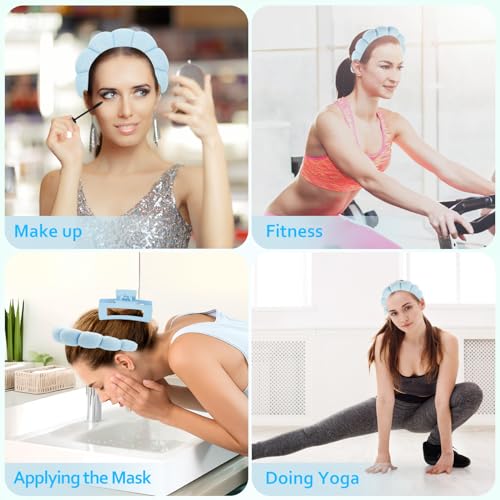 Skincare Headbands for Women, Makeup Spa Headband Bubble Face Wash Headbands for Washing Face or Facial with Hair Clips, Thick Hair Cute Puffy Sponge Head Hair Band for Women Girls Headwear (Blue) - Image 7