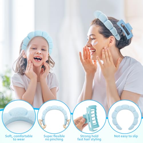 Skincare Headbands for Women, Makeup Spa Headband Bubble Face Wash Headbands for Washing Face or Facial with Hair Clips, Thick Hair Cute Puffy Sponge Head Hair Band for Women Girls Headwear (Blue) - Image 3
