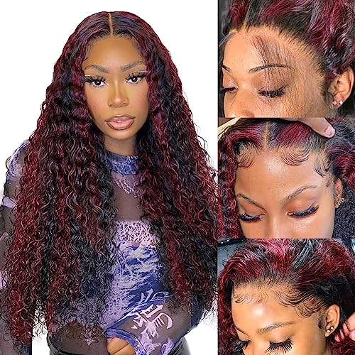 Deep Wave Burgundy Black Balayage 26inch Human Hair Lace Front Wig 150% Density