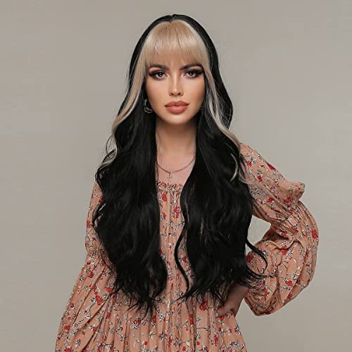 Skunk Stripe Wigs Black Mix Blonde Wig with Bangs for Women, Highlight Long Wavy Heat Resistant Hair for Daily Halloween Party Cosplay - Image 2