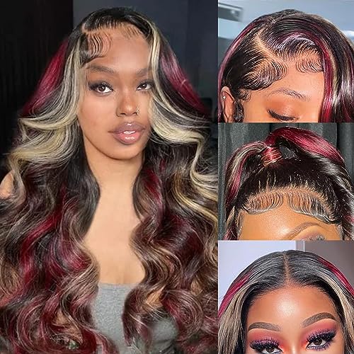 Skunk Stripe Wigs Black Red Blonde Highlights Wig Human Hair 13x4 HD Lace Front Human Hair Wigs 150% Density Pre Plucked with Baby Hair Black Red Blonde Highlights Wig Body Wave Lace front Wig 24inch