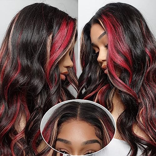 Skunk Stripe Wigs Black Red Blonde Highlights Wig Human Hair 13x4 HD Lace Front Human Hair Wigs 150% Density Pre Plucked with Baby Hair Black Red Blonde Highlights Wig Body Wave Lace front Wig 24inch - Image 3
