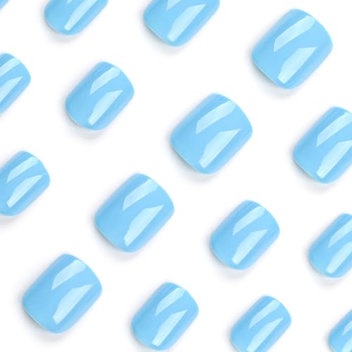 Sky Blue Press on Nails Short Square MABKJLF Petite Fake Nails Full Cover Blue Solid Color False Nails with Nail Glue Glossy Stick on Nails Acrylic Manicure Artificial Nails for Women Girls 24Pcs - Image 4