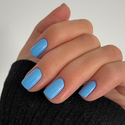 Sky Blue Press on Nails Short Square MABKJLF Petite Fake Nails Full Cover Blue Solid Color False Nails with Nail Glue Glossy Stick on Nails Acrylic Manicure Artificial Nails for Women Girls 24Pcs