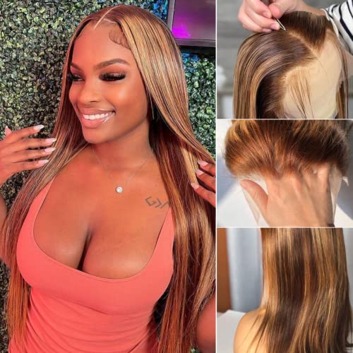 Small Cap Human Hair Wigs Honey Blonde Highlight Lace Front Wig Human Hair Pre Plucked 13x4 Straight 4/27 Ombre Color Transparent Lace Frontal Wig Soft Thick 12A Brazilian Remy Hair 14 Inch