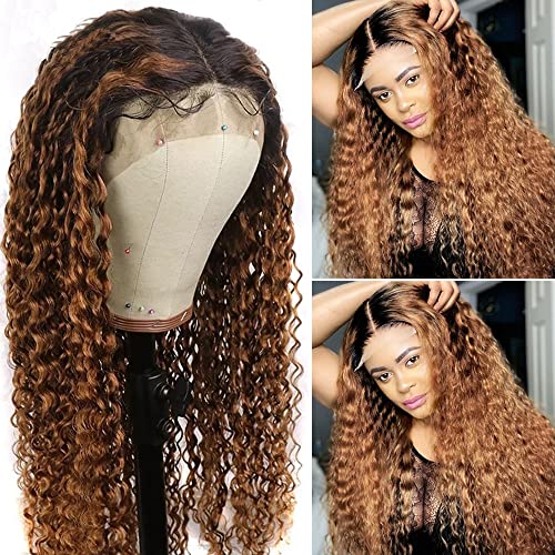 Smavida Ombre Deep Wave Human Hair Lace Front Wig, 1B30 Medium Brown with Dark Roots 13x1 Lace Part Pre Plucked with Baby Hair 12" 150% Density Curly Brazilian Virgin Human Hair Wigs for Black Women