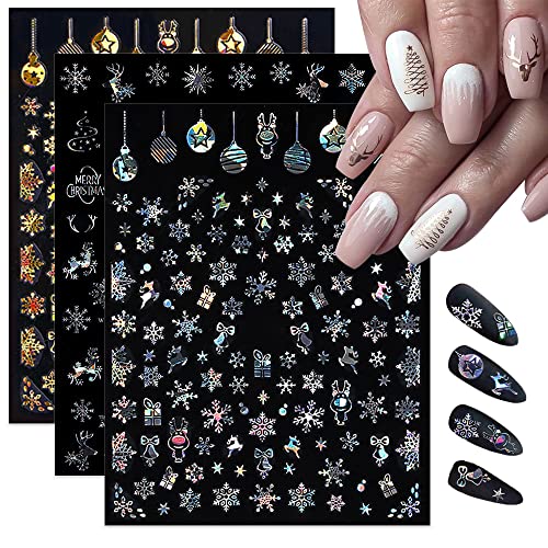 Snowflake Nail Art Stickers Winter Embossed Nail Decoration French Laser Colors Snowflakes Gold Red Acrylic Nail Design Nail Supplies Manicure Decals for Women DIY Christmas Valentines Day 8 Sheets