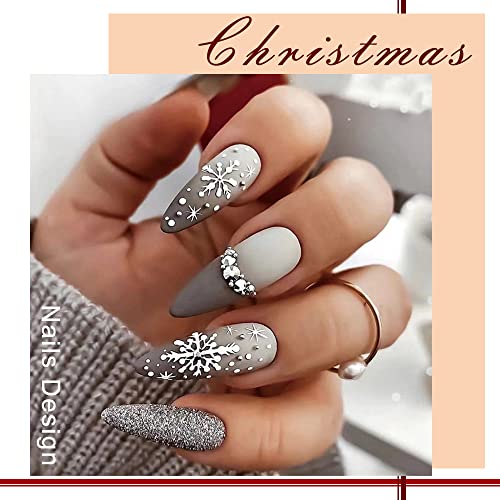 24pcs Medium Glitter Almond Gradient Grey White Snowflake Press on Nails - Image 5