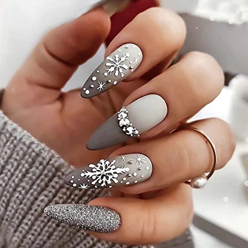 24pcs Medium Glitter Almond Gradient Grey White Snowflake Press on Nails