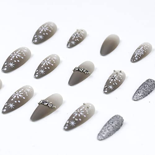24pcs Medium Glitter Almond Gradient Grey White Snowflake Press on Nails - Image 2
