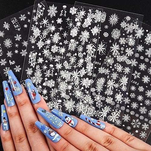 Snowflakes Nail Art Stickers 4 Sheets 5D Embossed Christmas Nail Stickers White Glitter Snowflake Self Adhesive Nail Decals Shiny Star Bell Heart Designs Nail Supplies for Women Nail Art Decoration