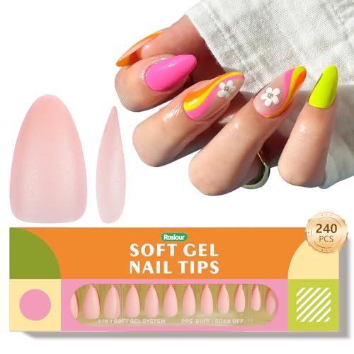 Soft Gel Nail Tips Almond Press on Nails, 240PCS 15Sizes Pink Nude Colored Nail Tips Pre-filed with Primer, Short Fake Acrylic Nails, Full Cover Matte Nail Extensions Tips for DIY Nail Art