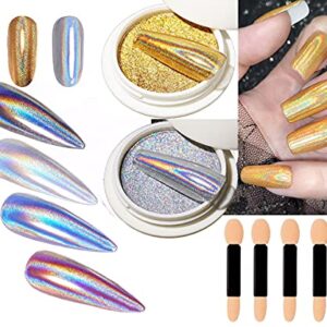 Solid Holographic Laser Powder Holo Golden Silver for Nails Mirror Chameleon Effect Multi Chrome Manicure Pigment Glitter Salon Home Nail Art DIY Deco 0.04oz/1g*2 Sponge Tool/4pcs