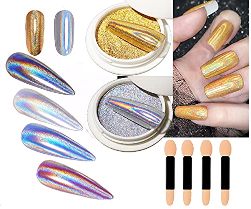 Solid Holographic Laser Powder Holo Golden Silver for Nails Mirror Chameleon Effect Multi Chrome Manicure Pigment Glitter Salon Home Nail Art DIY Deco 0.04oz/1g*2 Sponge Tool/4pcs