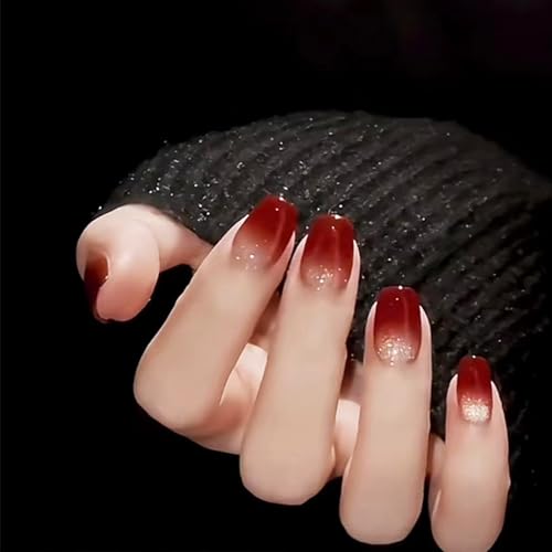 Sparkly Cat Eye Press on Nails with Gradient Designs, Glossy Wine Red Short-Medium Almond Shape Fake/False Nails Ombre Full Cover Acrylic Nails X Glue Stick on Artificial Fingernails for Women Girls