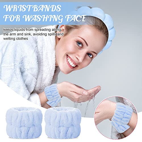 Sponge Spa Headband Wrist Washband Scrunchies Cuffs for Face Washing Set,Big Spa Hairband Towel Wash Wristbands Mask Brush for Women Girls Makeup Hair Accessory(4 blue) - Image 2