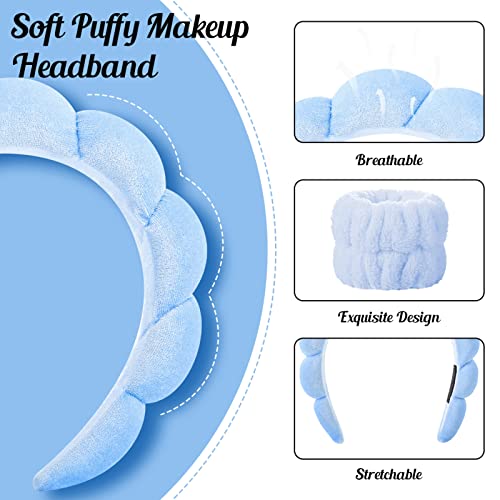 Sponge Spa Headband Wrist Washband Scrunchies Cuffs for Face Washing Set,Big Spa Hairband Towel Wash Wristbands Mask Brush for Women Girls Makeup Hair Accessory(4 blue) - Image 7