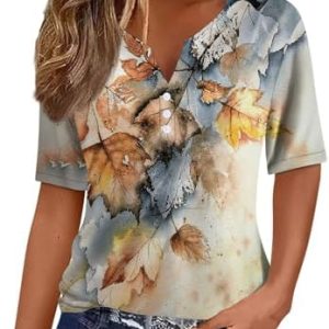 Sports Short Sleeve Summer Tops for Women Lounges Oversized Print Fitted Shirt Soft Button Front V Neck T-Shirt