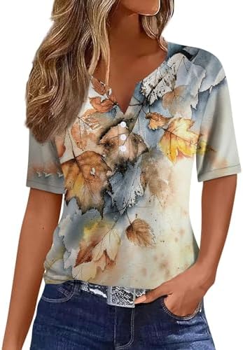 Sports Short Sleeve Summer Tops for Women Lounges Oversized Print Fitted Shirt Soft Button Front V Neck T-Shirt
