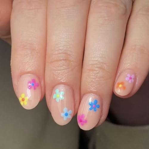Spring Flowers Press on Nails Short Oval Glue on Nails with Colored Flowers Design Fake Nails Short False Nails Acrylic Nails Natural Full Cover Stick on Nail for Women Coffin Artificial Nails 24Pcs