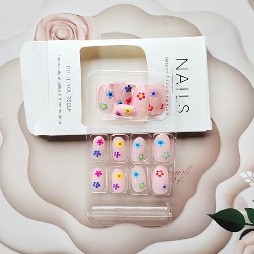 Spring Flowers Press on Nails Short Oval Glue on Nails with Colored Flowers Design Fake Nails Short False Nails Acrylic Nails Natural Full Cover Stick on Nail for Women Coffin Artificial Nails 24Pcs - Image 4