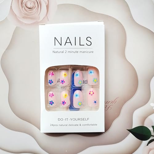 Spring Flowers Press on Nails Short Oval Glue on Nails with Colored Flowers Design Fake Nails Short False Nails Acrylic Nails Natural Full Cover Stick on Nail for Women Coffin Artificial Nails 24Pcs - Image 6