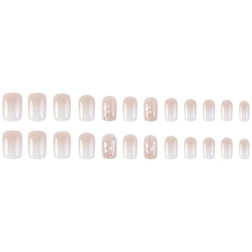 Spring Nail Press ons White Press on Nails Medium Square Fake Nails with Glue Nude Ombre Acrylic False Nails with Flower Designs Glossy Artificial Fake Fingernails Stick on Nails for Women - Image 5