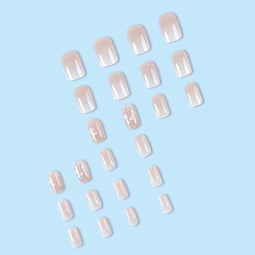 Spring Nail Press ons White Press on Nails Medium Square Fake Nails with Glue Nude Ombre Acrylic False Nails with Flower Designs Glossy Artificial Fake Fingernails Stick on Nails for Women - Image 3