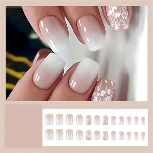 Spring Nail Press ons White Press on Nails Medium Square Fake Nails with Glue Nude Ombre Acrylic False Nails with Flower Designs Glossy Artificial Fake Fingernails Stick on Nails for Women - Image 2