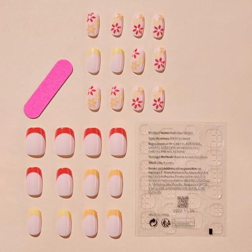 Spring Press on Nails Flower Fake Nails, Short Square Glue on Acrylic Nails Glossy Yellow Red False Nails with Daisy Flowers Designs, Cute Stick on Nails for Women&Girls Nail Decorations 24PCS - Image 3