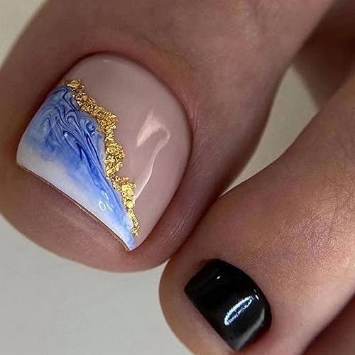Spring Summer Fake ToeNails Full Cover Black Short Square Shaped Press on Toe Nails with Seawater Blue and Gold Foil Designs Glossy False Stick on Toe nails for Women and Girls ToeNails Supplies24Pcs