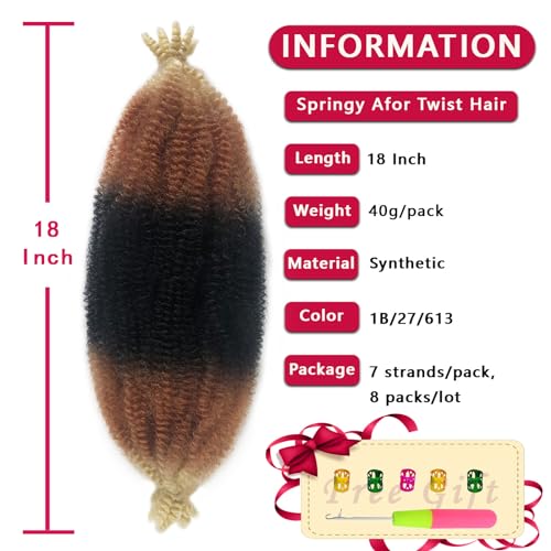 Springy Afro Twist Hair 8 Packs Marley Hair 18 Inch Marley Twist Braiding Hair 3 Tones Kinky Braiding Hair for Faux Locs Synthetic Cuban Twist Hair for Black Women (18 Inch (Pack of 8), 1B/27/613) - Image 2
