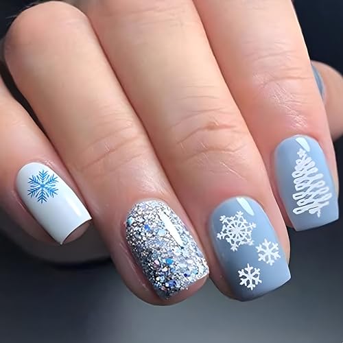 Square Fake Nails Christmas Press on Nails Short False Nails with Designs Christmas Snowflake Tree Blue Acrylic Nails Glitter Stick on Nails Glossy Glue on Nails for Woman Nail Art 24Pcs