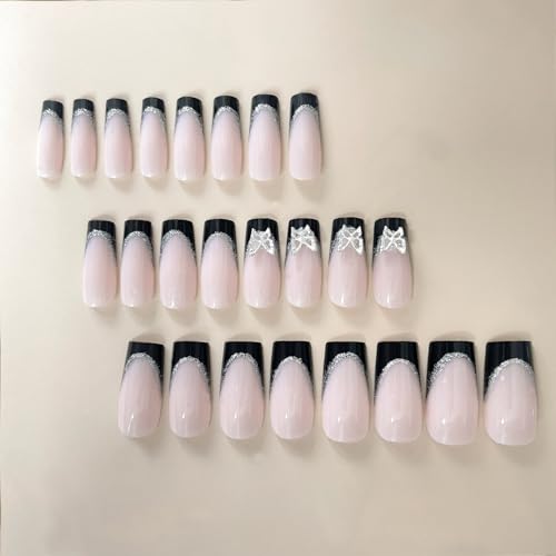 Square Medium Length Press On Nails Black French Tip Butterfly Design 24 Count - Image 6