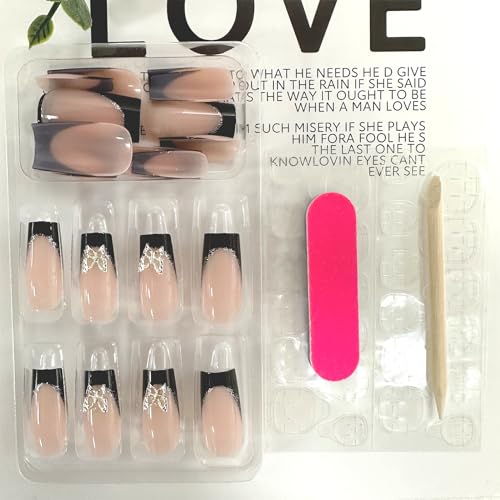 Square Medium Length Press On Nails Black French Tip Butterfly Design 24 Count - Image 2