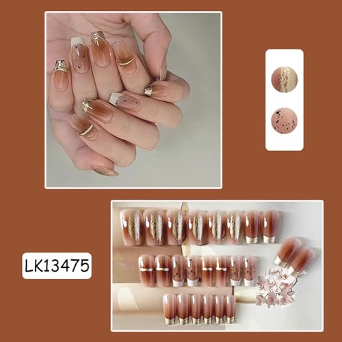 Brown French Medium Square Press on Nails with Sequins, 24 Pieces - Image 3