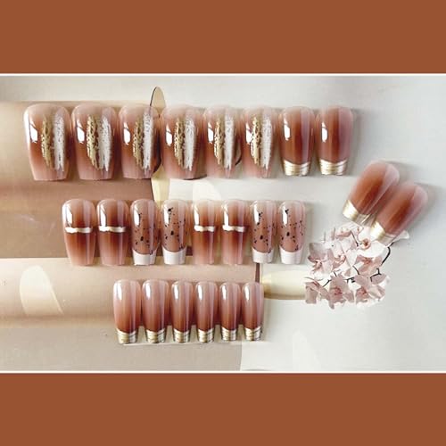 Brown French Medium Square Press on Nails with Sequins, 24 Pieces - Image 2