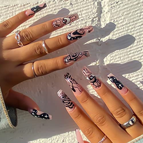 Square Press on Nails Long Acrylic Fake Nails with Black Eyes and Swirls Designs False Nails Abstract Glue on Nails Cute Artificial Nails for Girls Women 24Pcs