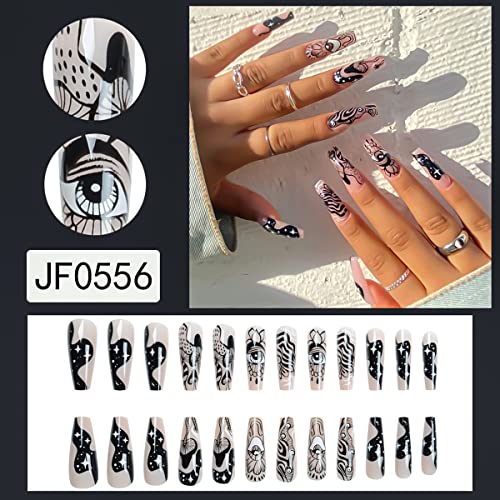 Square Press on Nails Long Acrylic Fake Nails with Black Eyes and Swirls Designs False Nails Abstract Glue on Nails Cute Artificial Nails for Girls Women 24Pcs - Image 2
