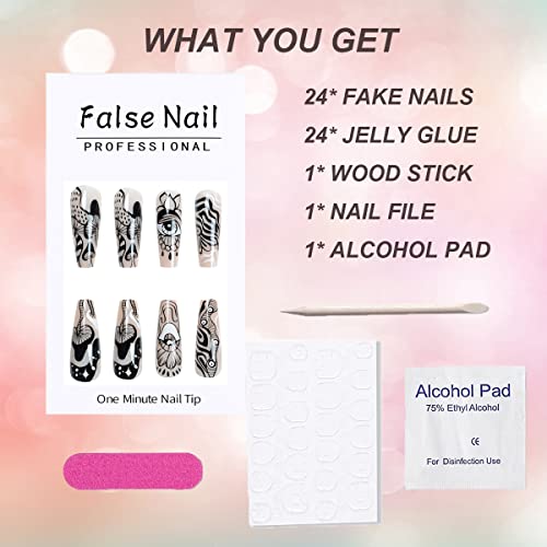 Square Press on Nails Long Acrylic Fake Nails with Black Eyes and Swirls Designs False Nails Abstract Glue on Nails Cute Artificial Nails for Girls Women 24Pcs - Image 6