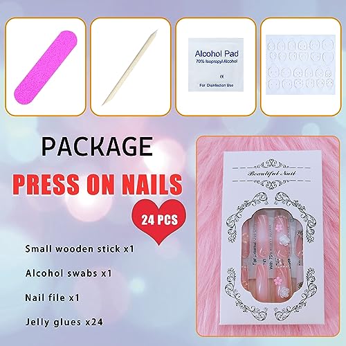 Square Press on Nails Long - White French Tip Extra Long Fake Nails Press ons,24 Pcs Flower Pearl Charms Design Glue on Nails Pink Acrylic Nails Glossy Full Cover False Nail For Women - Image 6