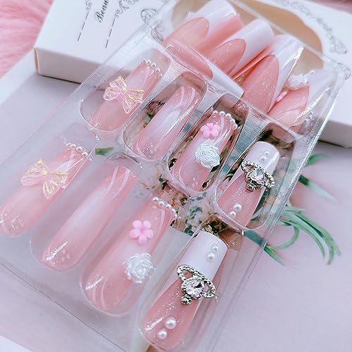 Square Press on Nails Long - White French Tip Extra Long Fake Nails Press ons,24 Pcs Flower Pearl Charms Design Glue on Nails Pink Acrylic Nails Glossy Full Cover False Nail For Women - Image 4