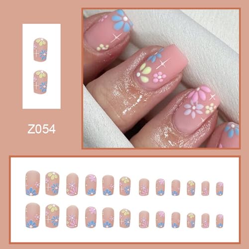 Square Press on Nails Medium Fake Nails with Colorful Flower Designs Stick on Nails Full Cover Cute Matte Pink Acrylic Nails False Nails Reusable Glue on Nails for Women Girls Spring Summer 24pcs - Image 2