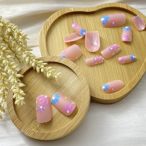 Square Press on Nails Medium Fake Nails with Colorful Flower Designs Stick on Nails Full Cover Cute Matte Pink Acrylic Nails False Nails Reusable Glue on Nails for Women Girls Spring Summer 24pcs - Image 5