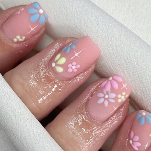 Square Press on Nails Medium Fake Nails with Colorful Flower Designs Stick on Nails Full Cover Cute Matte Pink Acrylic Nails False Nails Reusable Glue on Nails for Women Girls Spring Summer 24pcs