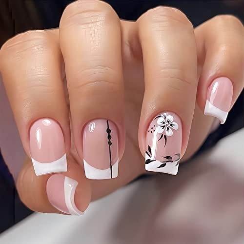 Square Press on Nails Short Fake Nails Acrylic Glossy Full Cover Nude Pink False Nails with Flower Designs Acrylic Artificial Glue on Nails French Stick on Nails for Women and Girls