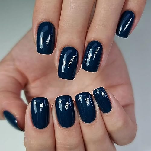 Square Press on Nails Short Fake Nails Dark Blue Color Acrylic Nails with Solid Color Design Full Cover False Nails Glossy Glue on Nails Nature Press on Nails Stick on Nails for Women DIY Manicure24pcs