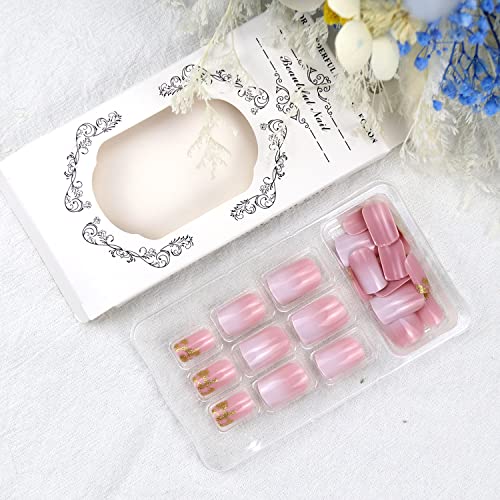 Square Press on Nails Short Fake Nails Fashion Flash Powder White Designs Artificial Gold Foil Glitter Acrylic False Nails For Women Nail Glue for Press on Nails 24Pcs - Image 4