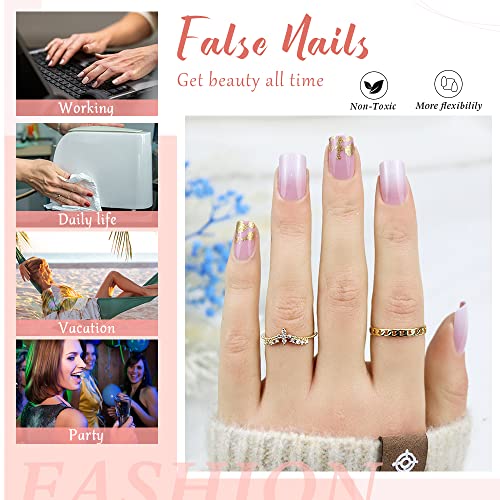 Square Press on Nails Short Fake Nails Fashion Flash Powder White Designs Artificial Gold Foil Glitter Acrylic False Nails For Women Nail Glue for Press on Nails 24Pcs - Image 2