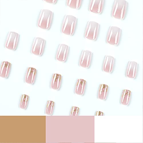 Square Press on Nails Short Fake Nails Fashion Flash Powder White Designs Artificial Gold Foil Glitter Acrylic False Nails For Women Nail Glue for Press on Nails 24Pcs - Image 3